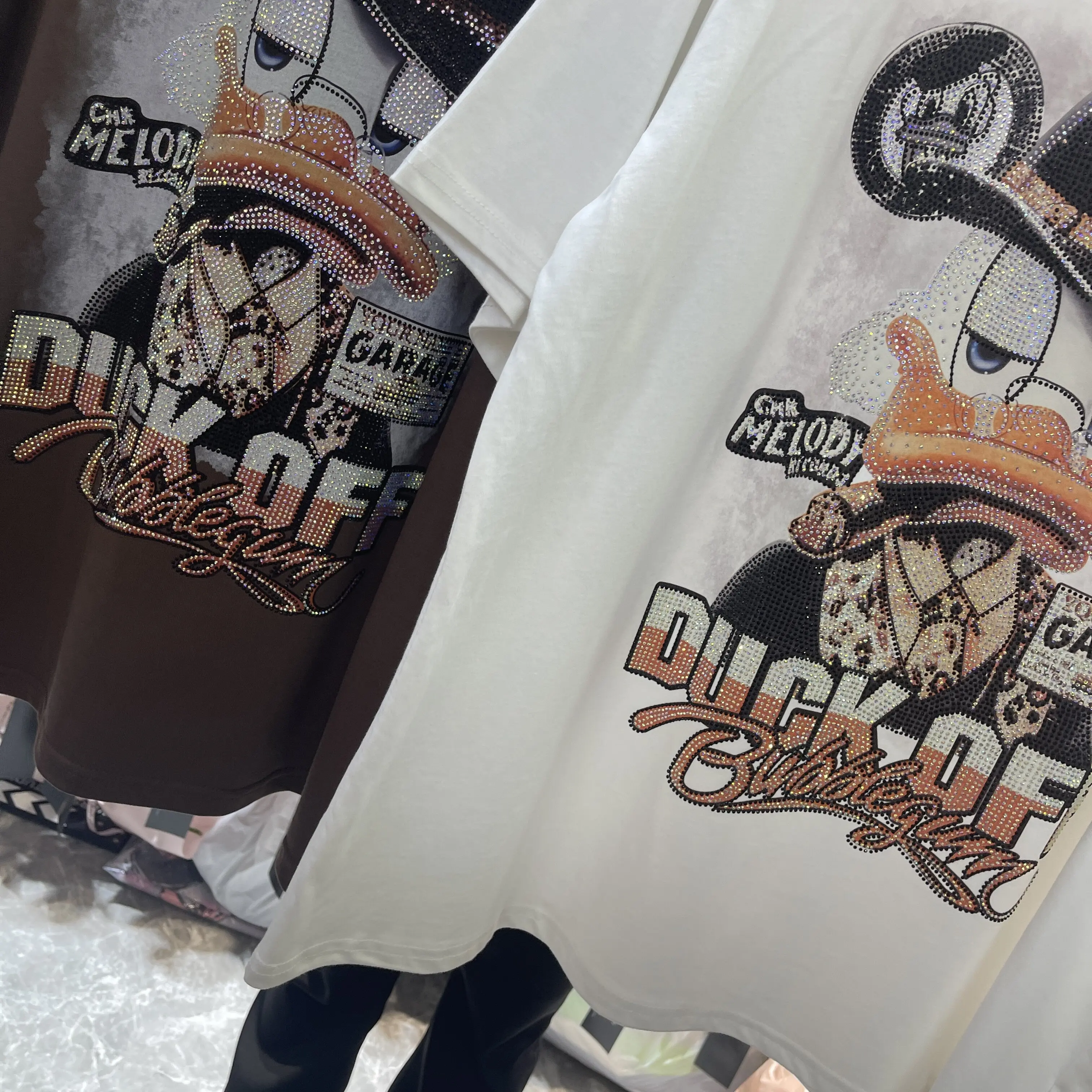 

Black Short-sleeved T-shirt Top 2026 Spring and Summer New Heavy Industry Hot Diamond Duck Cartoon Fashion Loose Trendy Tee