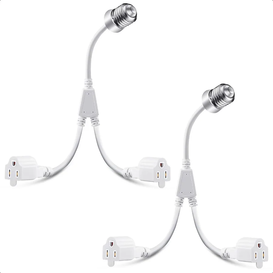 

2 Pcs 2 in 1 Light Socket to Plug Adapter Convert E26 E27 Bulb Socket to 2 Pieces 3 Prong Outlet with Extension Cord Flexible L