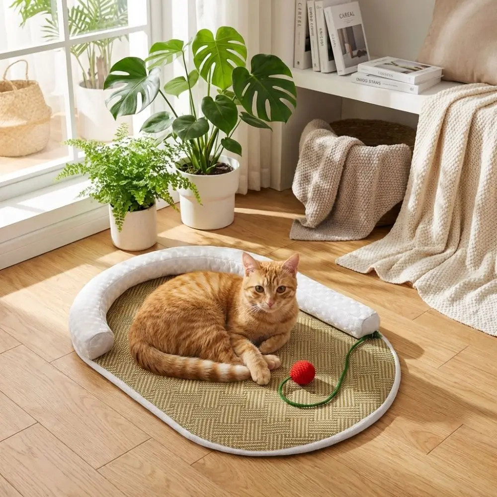 アイスシルキー冷却ペットクールマット滑り止め耐摩耗性猫用クールパッドベッドネックサポート付きボールペットネストマット小型ペット用
