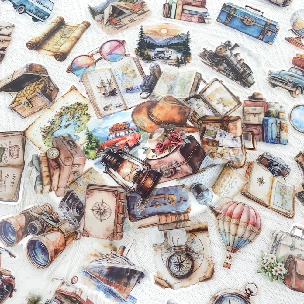 50 Stück Vintage Reise-Aufkleber aus transparentem PET, ästhetische Sticker zum Selbermachen für Laptop, Handy, Notizbuch, Koffer, Gitarre, Tagebuch, Geschenk