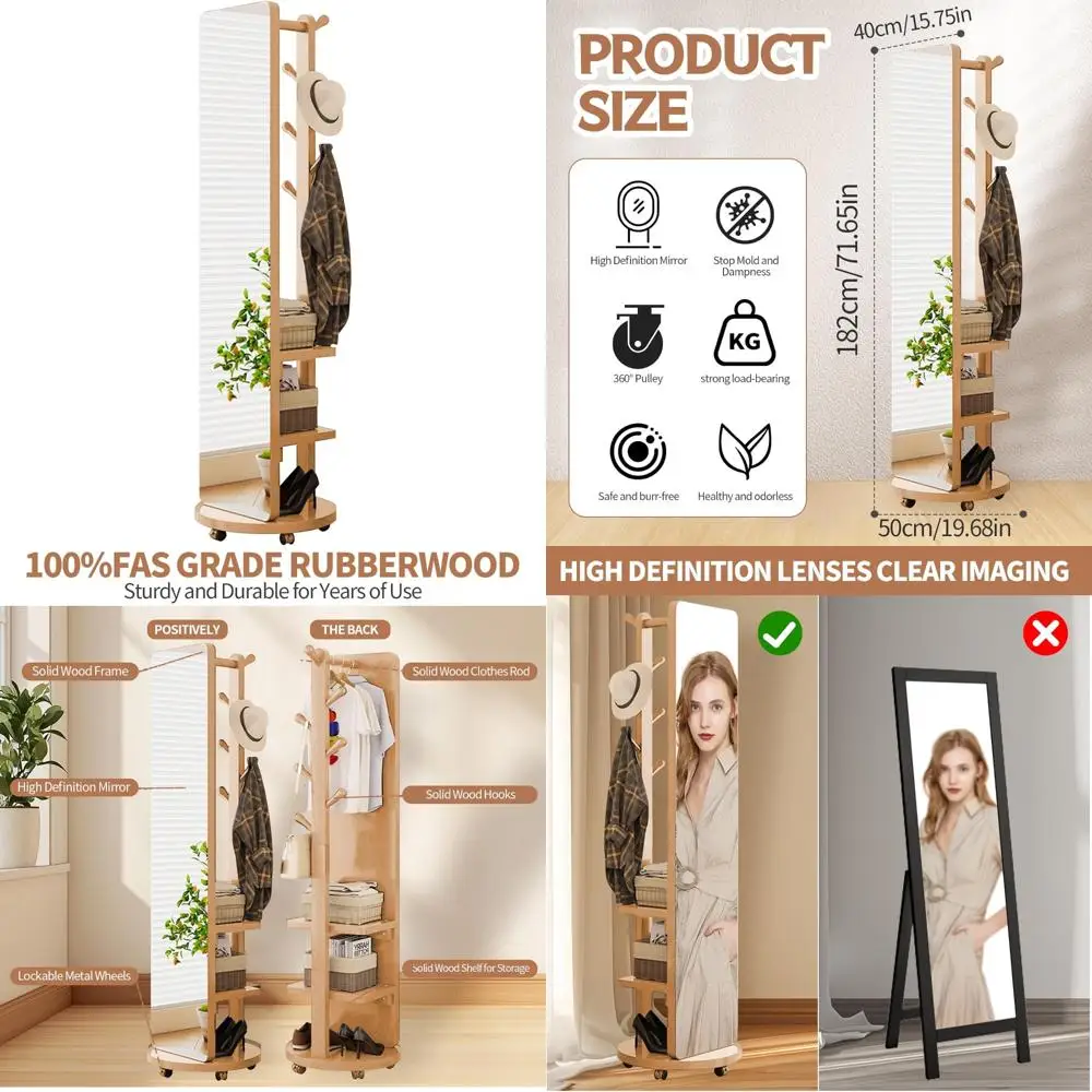 Bodenspiegel aus massivem Holz in voller Länge mit Ablageflächen und Garderobe – übergroßer Körperspiegel für Zuhause