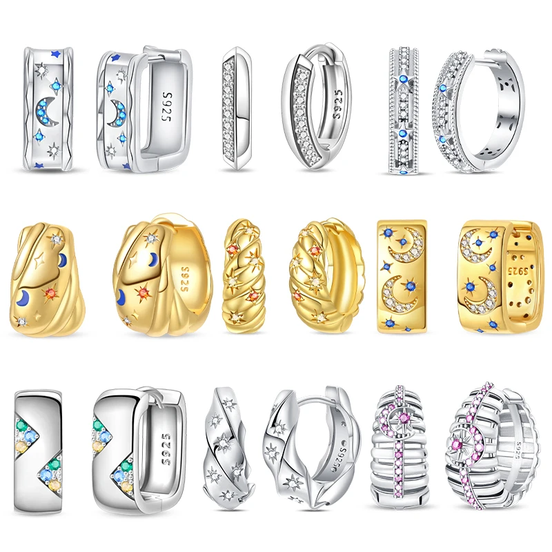 2024 New 925 Silver Sun Moon And Stars Series Inlaid Zircon Hoop Earrings For Women Fashion Engagement Party Fine Jewelry Gifts