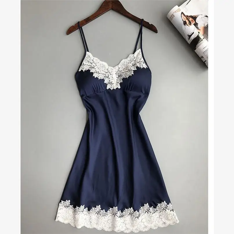 

Sexy Lace Trim Nightdress Sling Pajamas Long Sleeve V-Neck Mid-Length Casual Home Clothes for Women Polyester Material