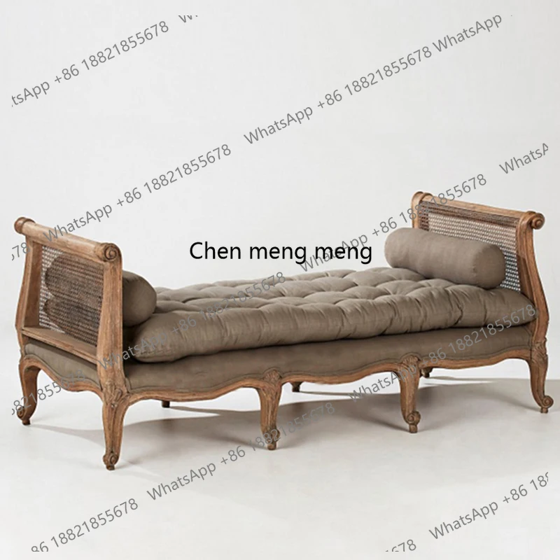 

European American solid wood rattan fabric sofa bed retro old living room bedside stool can be customized
