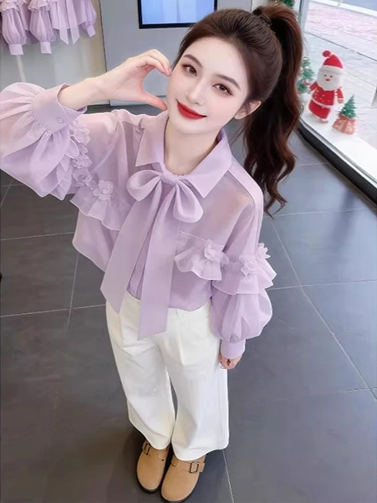 

Sweet Unique Purple Tie Short Shirt Women's Beautiful Top Casual Style Long Sleeve Loose Fit round Neck Spring Autu...