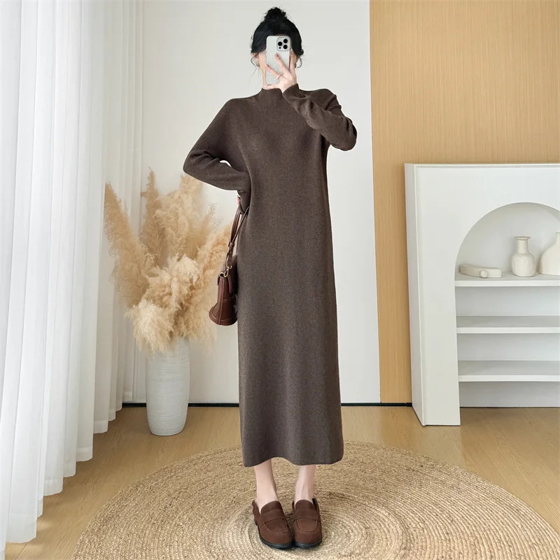 

New Women Autumn Winter Sweater Dress Fashion Half High Collar Long Sleeve Loose Knitted Dress Casual Simplicity Long Sweater