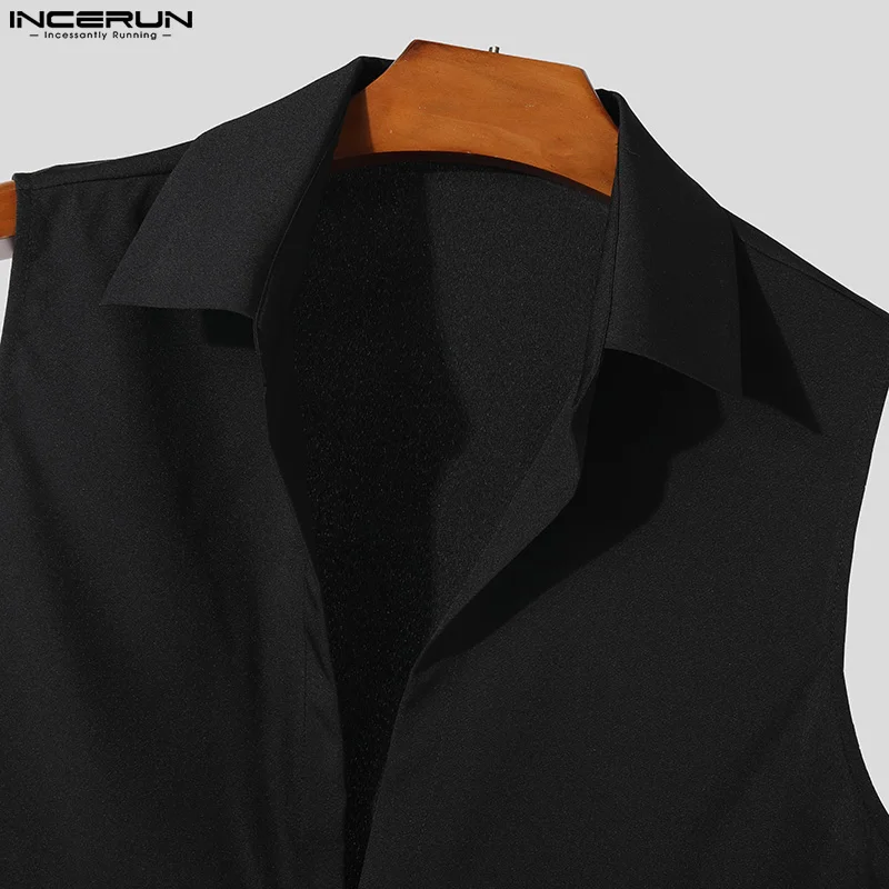 INCERUN 2024 Men Shirt Mesh Patchwork Lapel Sleeveless Streetwear Men Clothing Transparent Summer Fashion Casual Shirts S-5XL