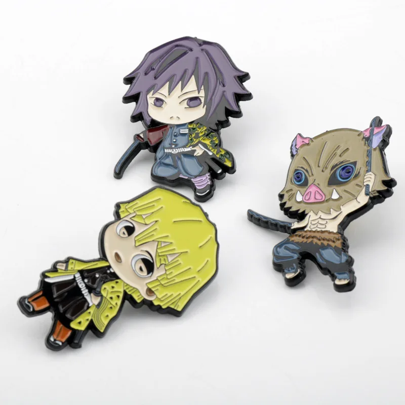 Kawaii Anime Tomioka Giyuu Agatsuma Zenitsu Hashibira Inosuke Metal Badges Emblem Pins Pendants Cosplay Accessories Figure Gifts