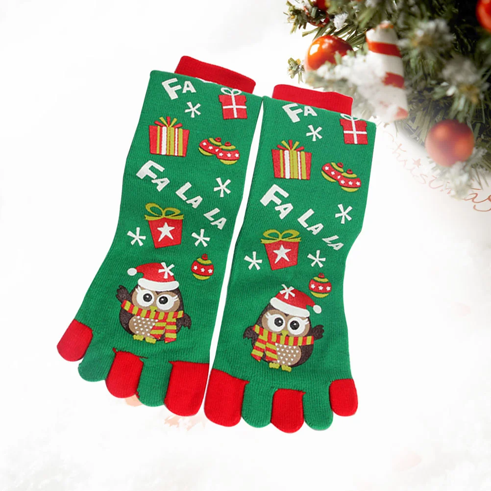 Free Size Socks Christmas Toe Five Finger Long Green Owl Printing for Memorable