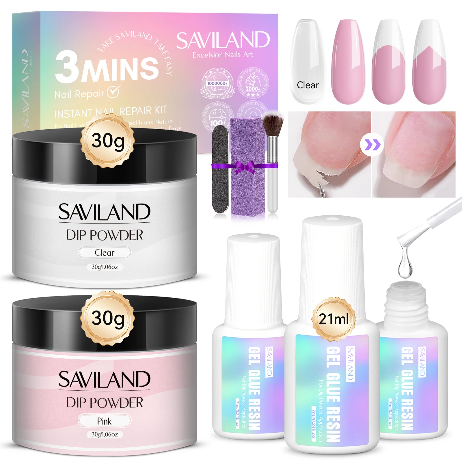 

SAVILAND 60g Nail Repair Kit for Split Damaged Nails 3 Min Air Dry with Clear Pink Dip Powder and 21ml Glue for Home Salon Use