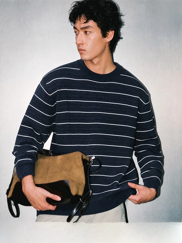 Matcha Story Retro round Neck Striped Sweater Unisex Winter Knitted Top Loose Fit Polyester Fiber Casual Style