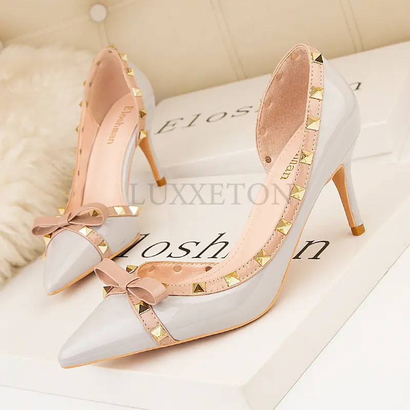 Women Luxury 7cm High Heels Sexy Scarpins Nightclub Pumps Glossy Leather Wedding Rivets Short Heels Bow Knot Hollow Event Shoes