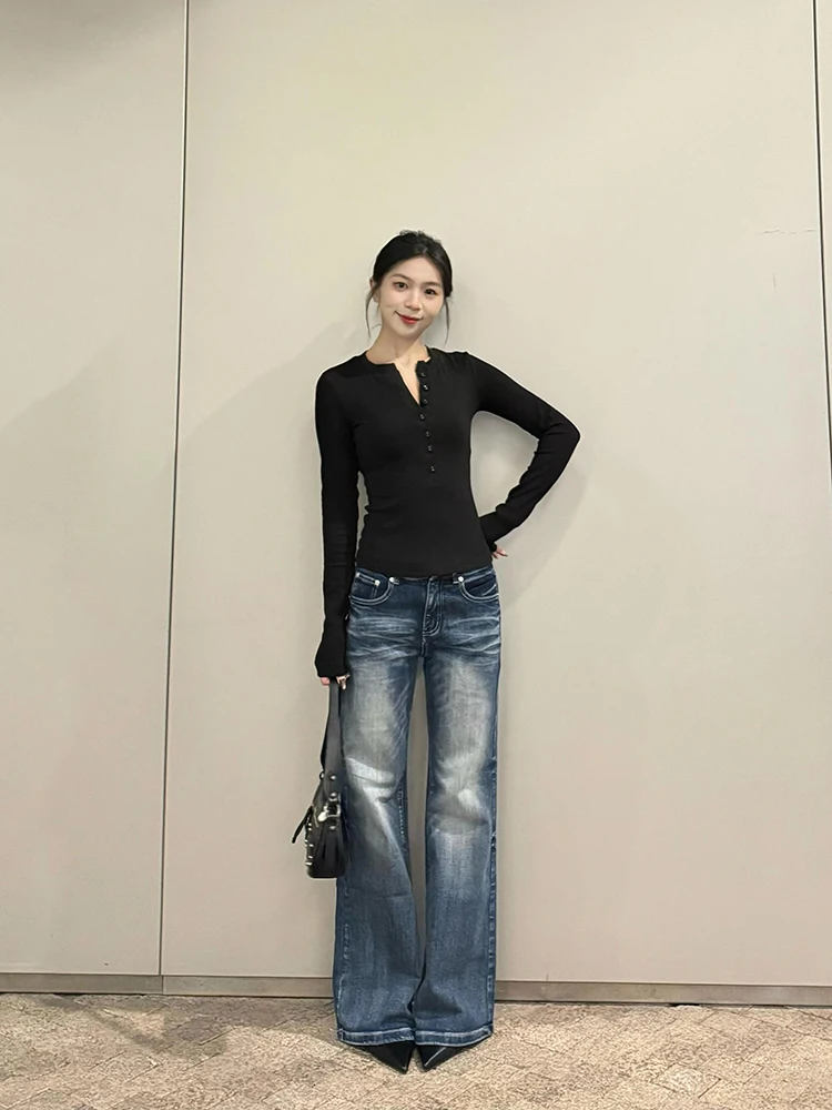 

Американские ретро-джинсы с высокой талией и широкими штанинами для женщин, весенне-осенние, дизайнерские, длинные прямые брюки, синего цвета, с эффектом похудения