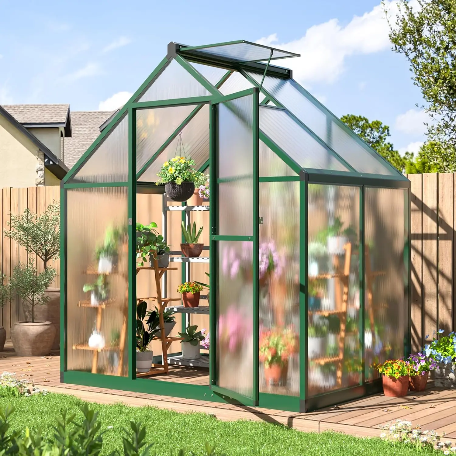 4x6 FT Greenhouse for Outdoors, Polycarbonate Greenhouse with Quick Setup Structure and Roof Vent，room