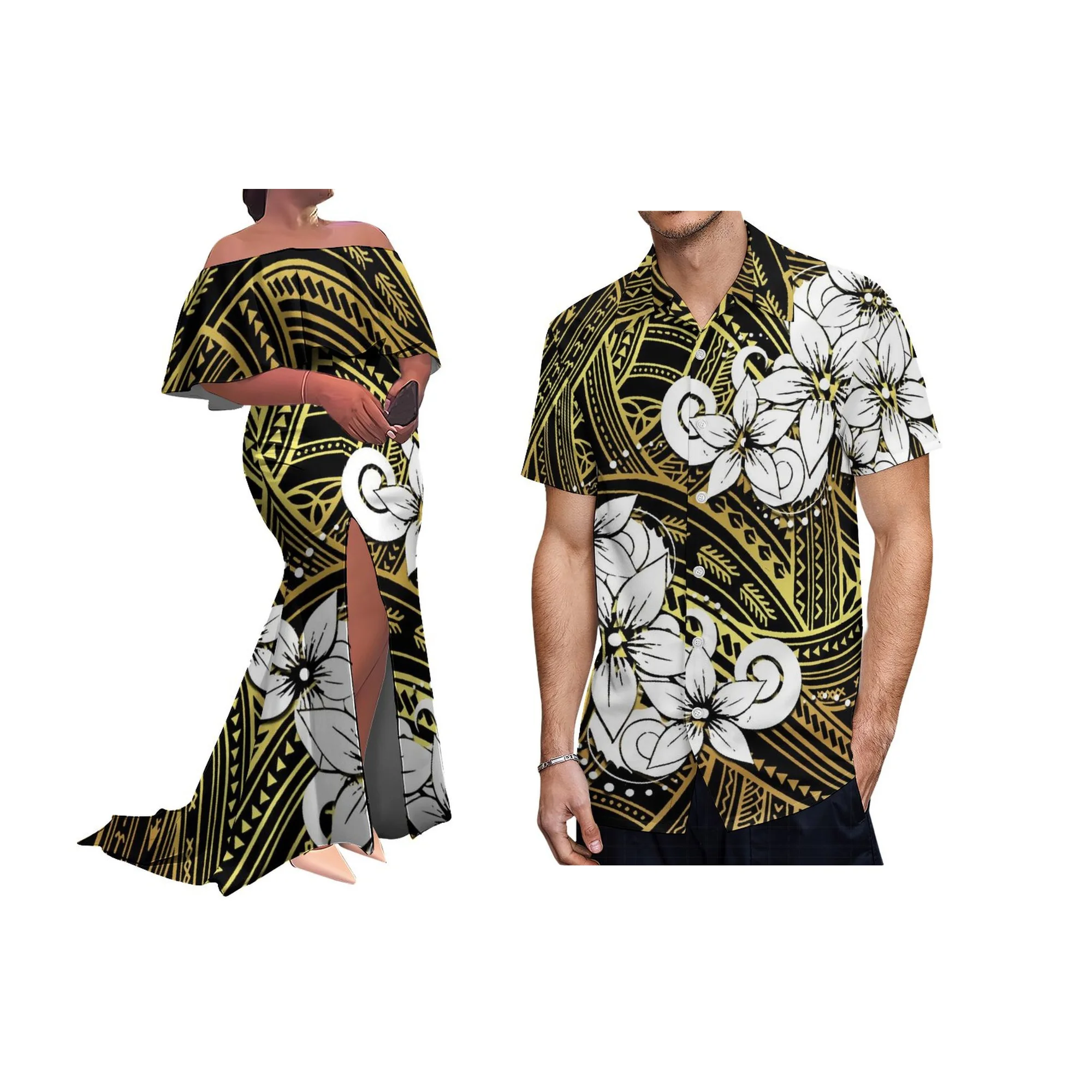 Design Custom Polyester Summer Tonga Polynesian Tribal Print Slit Pleated Plus Size Floor-length Bodycon Prom Women Dress