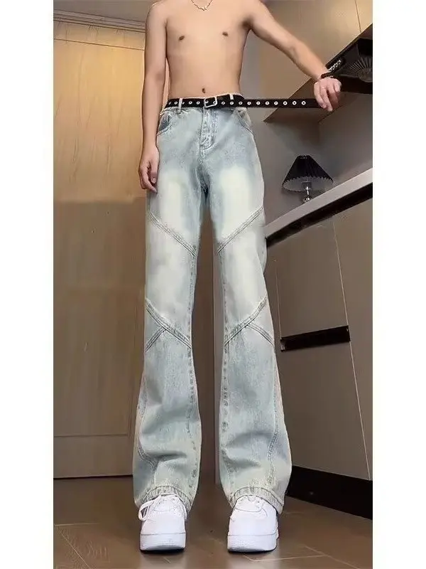 

American Sle Patchwork Flared Jeans Men's Tall Extended Belt Straight Tube Knife Casual Wear Resistant Loose Fit Jeans