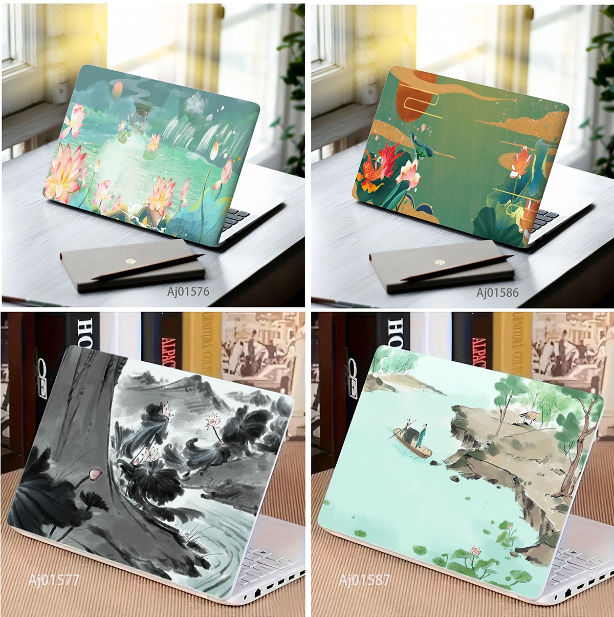

Chinese Style Ink Lotus Laptop Skin, Traditional Oriental Landscape Waterproof Anti-scratch DIY Notebook Protector Sticker