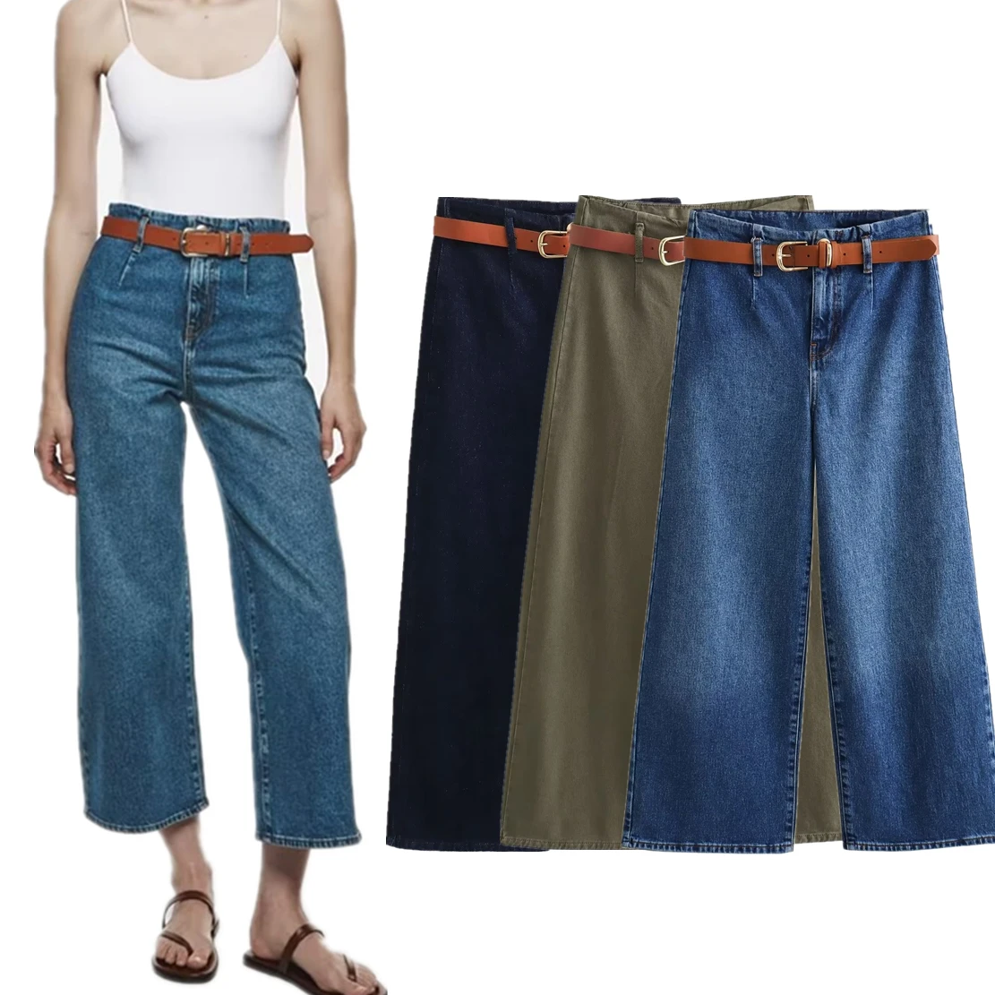 Dave&Di American Retro Solid High Waist Wide Leg Jeans Casual  Jeans Women Mommy With Belt Loose Ankle Denim Pants Ladies