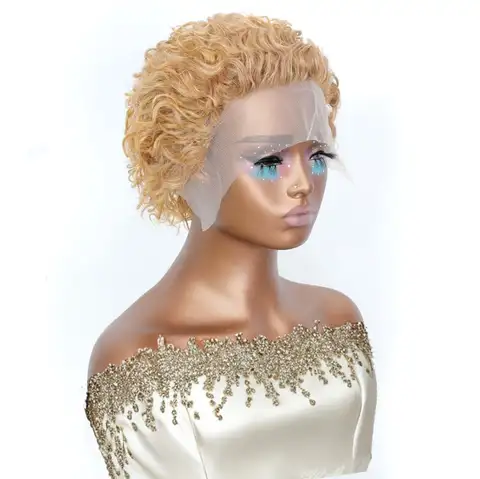Honey Blonde #27 Short Pixie Cut Wigs 13x1 Lace Front Short Layered Pixie Wig for Daily Wear 100% Human Hair Transparent Lace