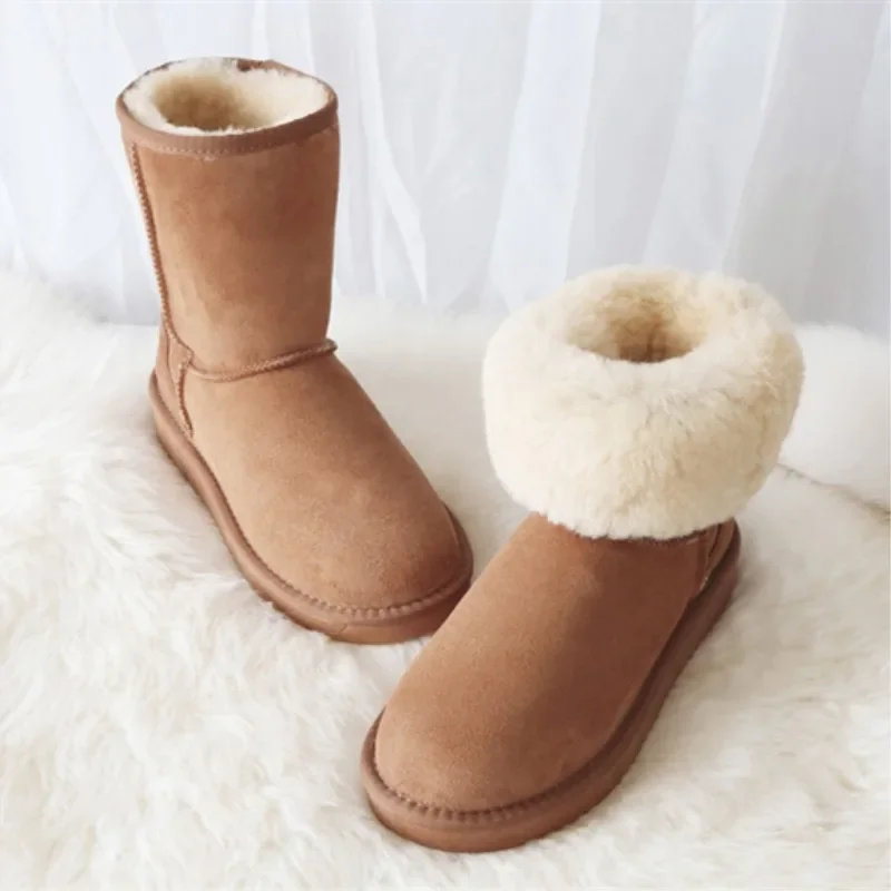 G&Zaco Luxury Women Winter Sheep Fur Boots Real Wool Classic Mid Calf Genuine Sheepskin Shoes Snow Boots Flat Female  Boots