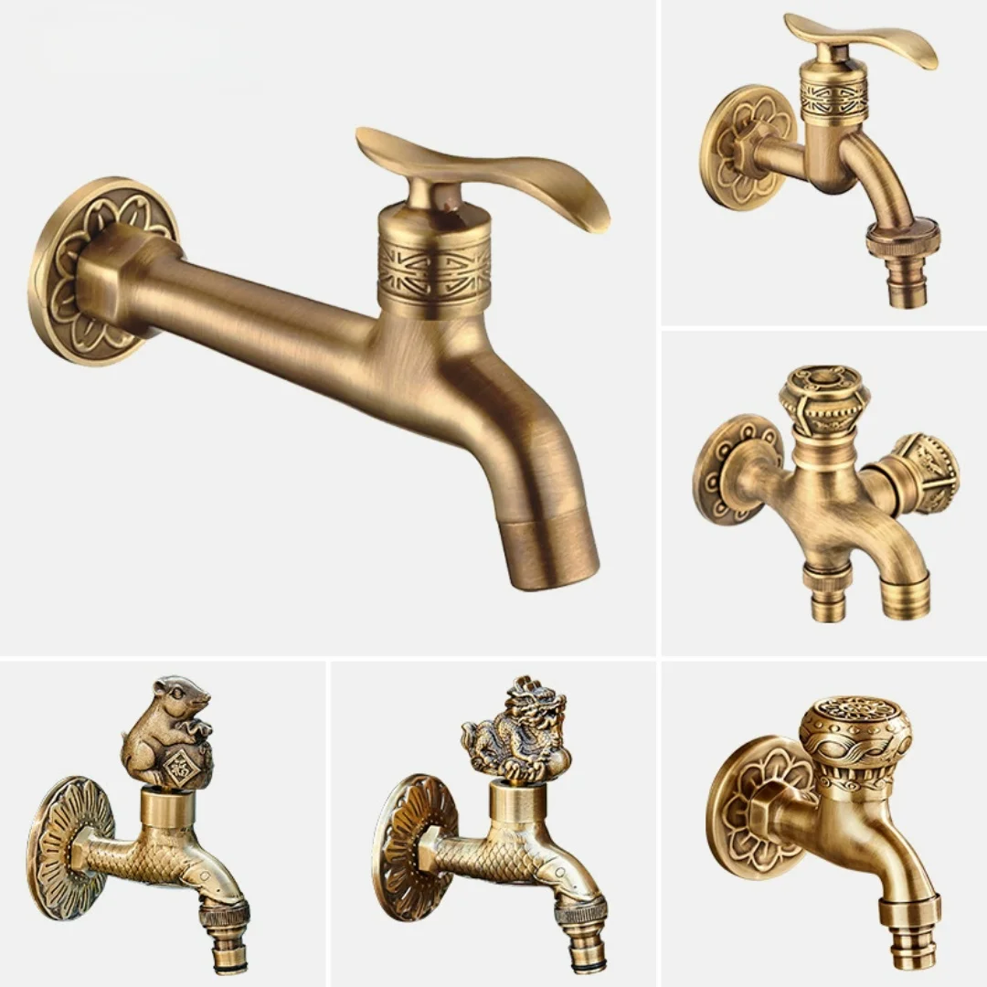 

Antique Carved Washing Machine Faucet Single Cold Outdoor Faucet Wall Mounted Garden Faucet Brass Bathroom Corner Faucet