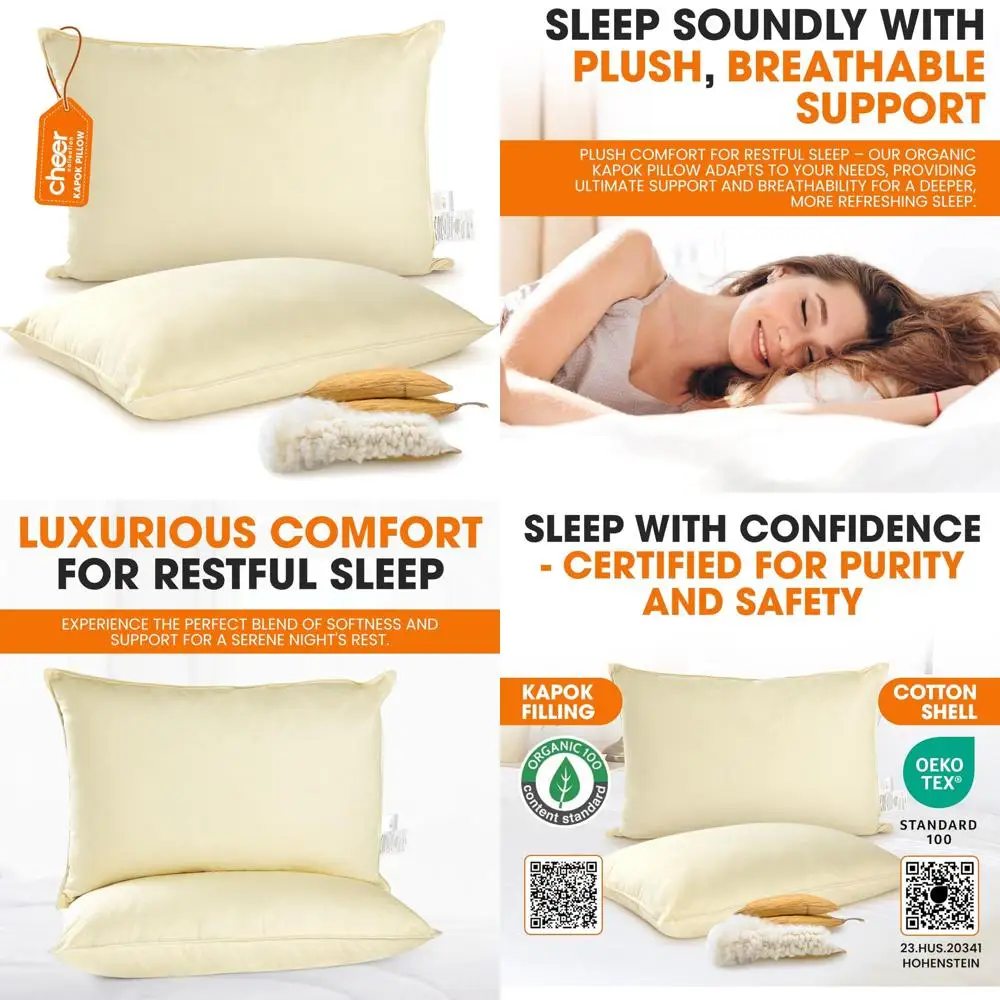 

Набор органических подушек Kapok — 2 шт., наполнитель из натурального волокна, дышащий хлопковый чехол, удобные подушки для сна