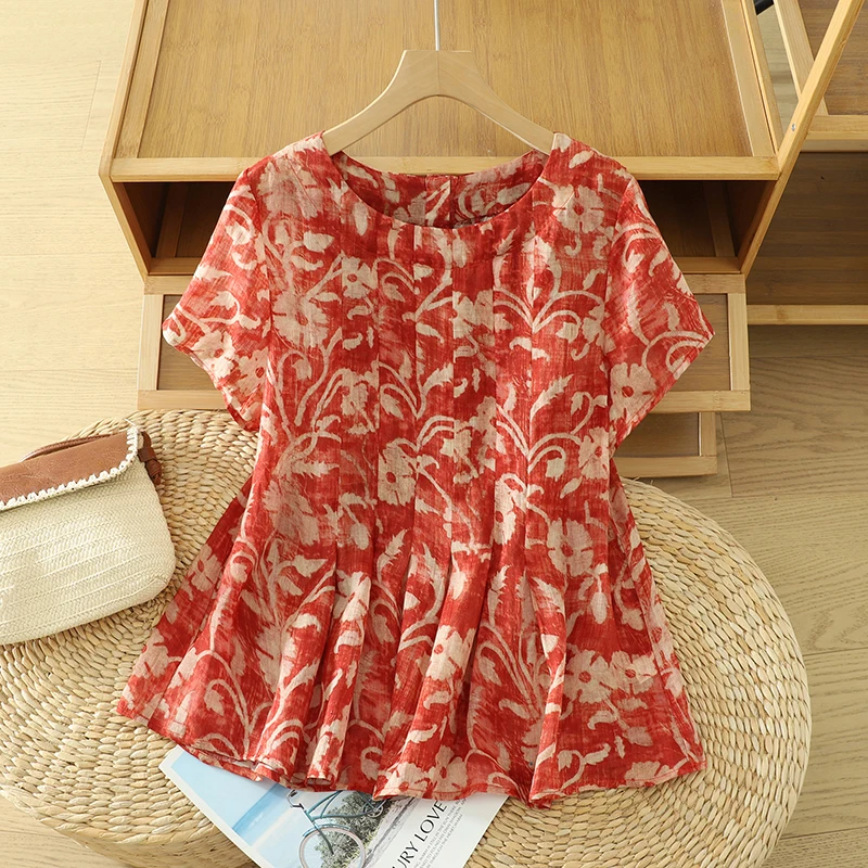

High-End Anti-Aging Retro Print Pure Silk Women's Shirt round Neck Artistic Top Summer Fashion Casual Comfortable