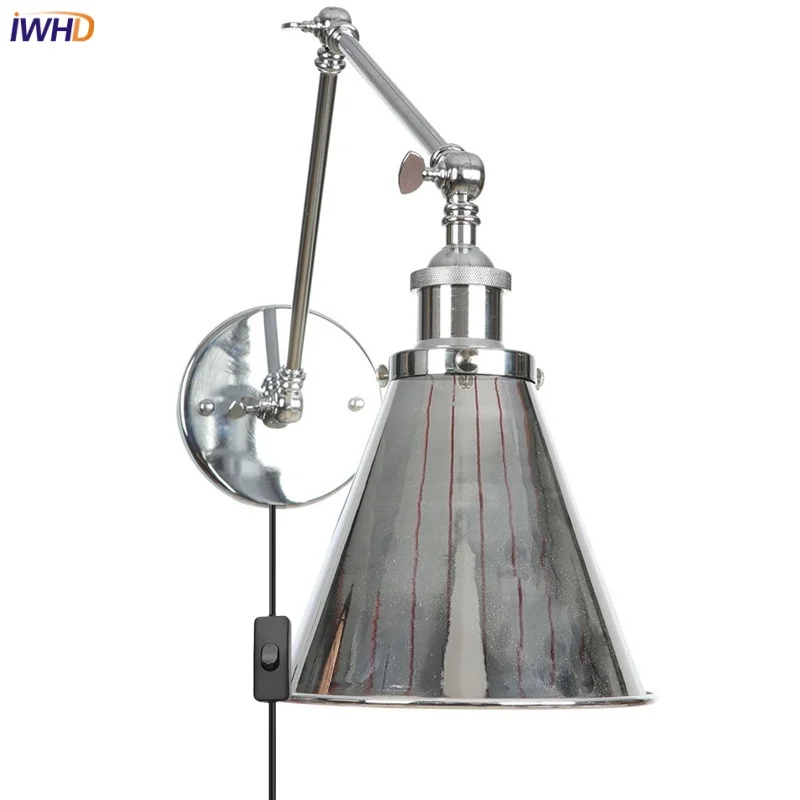 

IWHD Silver Iron LED Wall Lights Hotel Aisle Bedroom Plug In Vintage Stair Light Fixtures Long Swing Arm Industrial Bedside Lamp