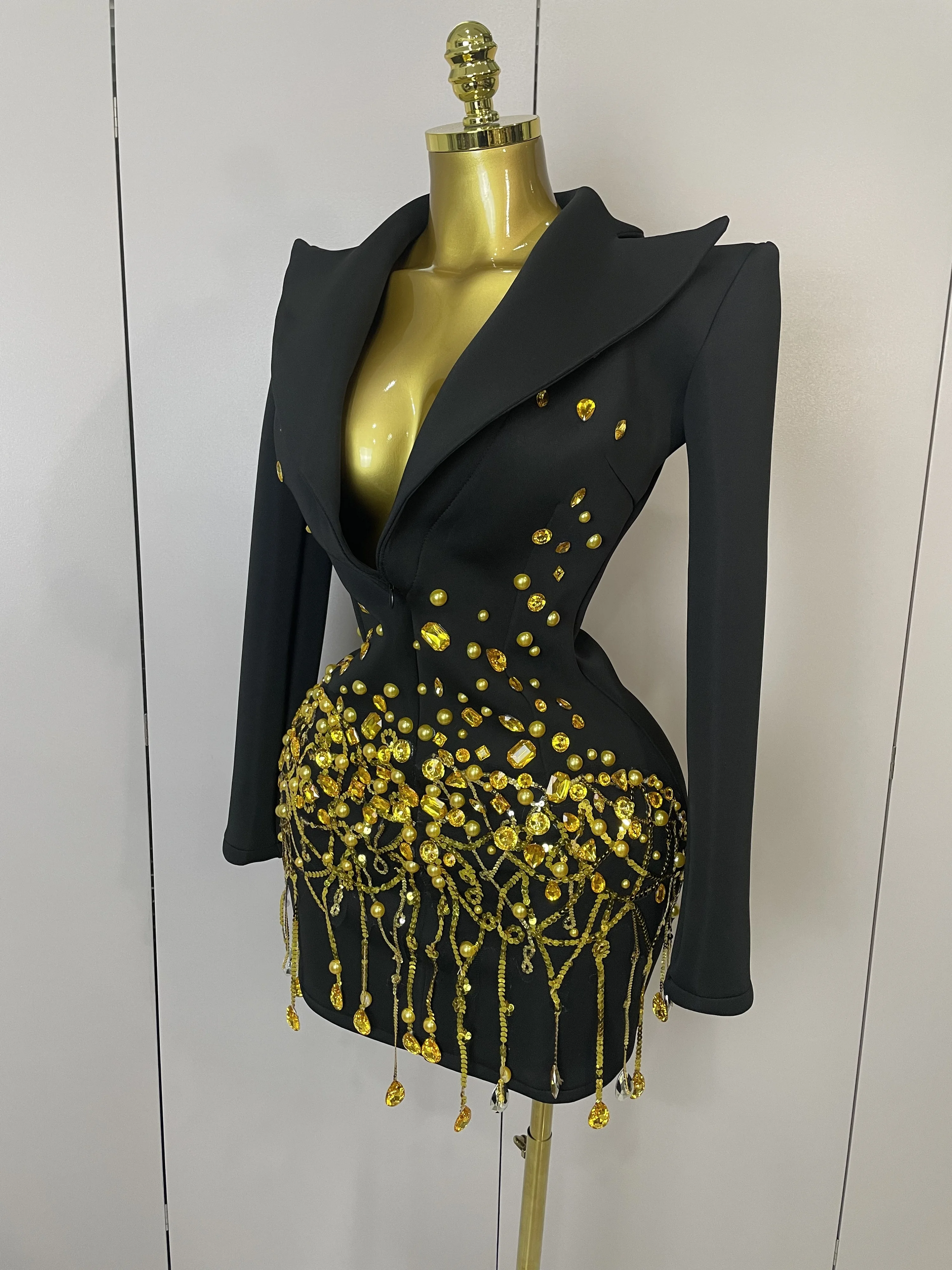 Sparkly Crystal Chains Pearls Long Sleeve Mini Dress 2025 Women Birthday Evening Party Nightclub Outfit Singer Wedding Costume