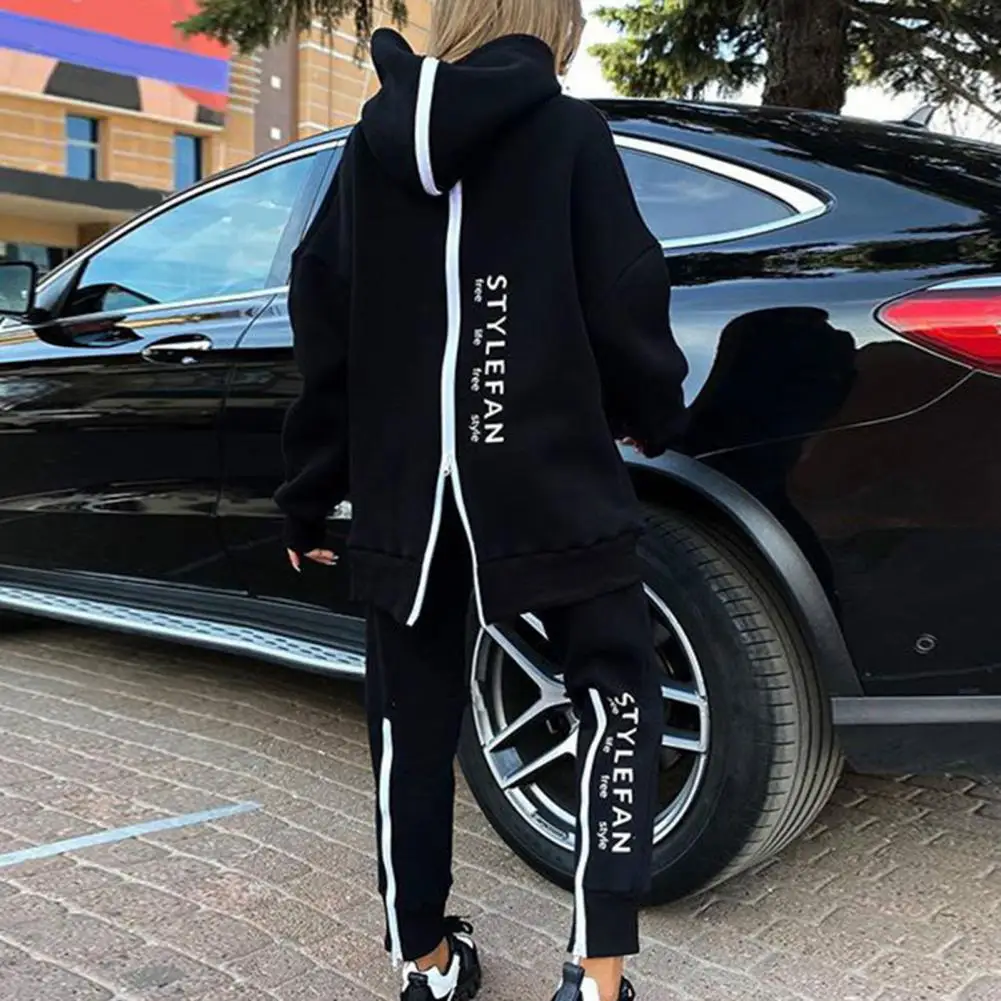 Women Tracksuit 2024 Autumn Winter Back Zipper Letter Print Hooded Sweatshirt Jogging Pants Set Sport Outfit Hoodie Pants Set