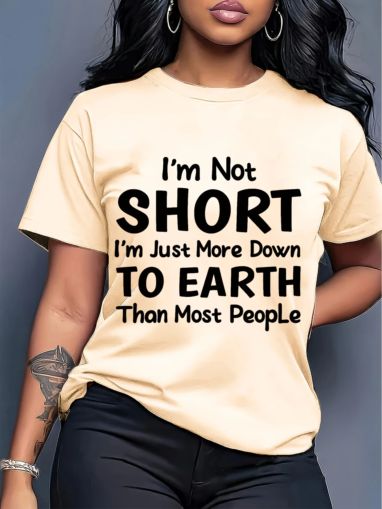 Women's Funny 'I'm Not Short' Tee Purple Quirky down to Earth Quote Casual Wear Top Comfortable Fit Graphic T-Shirt