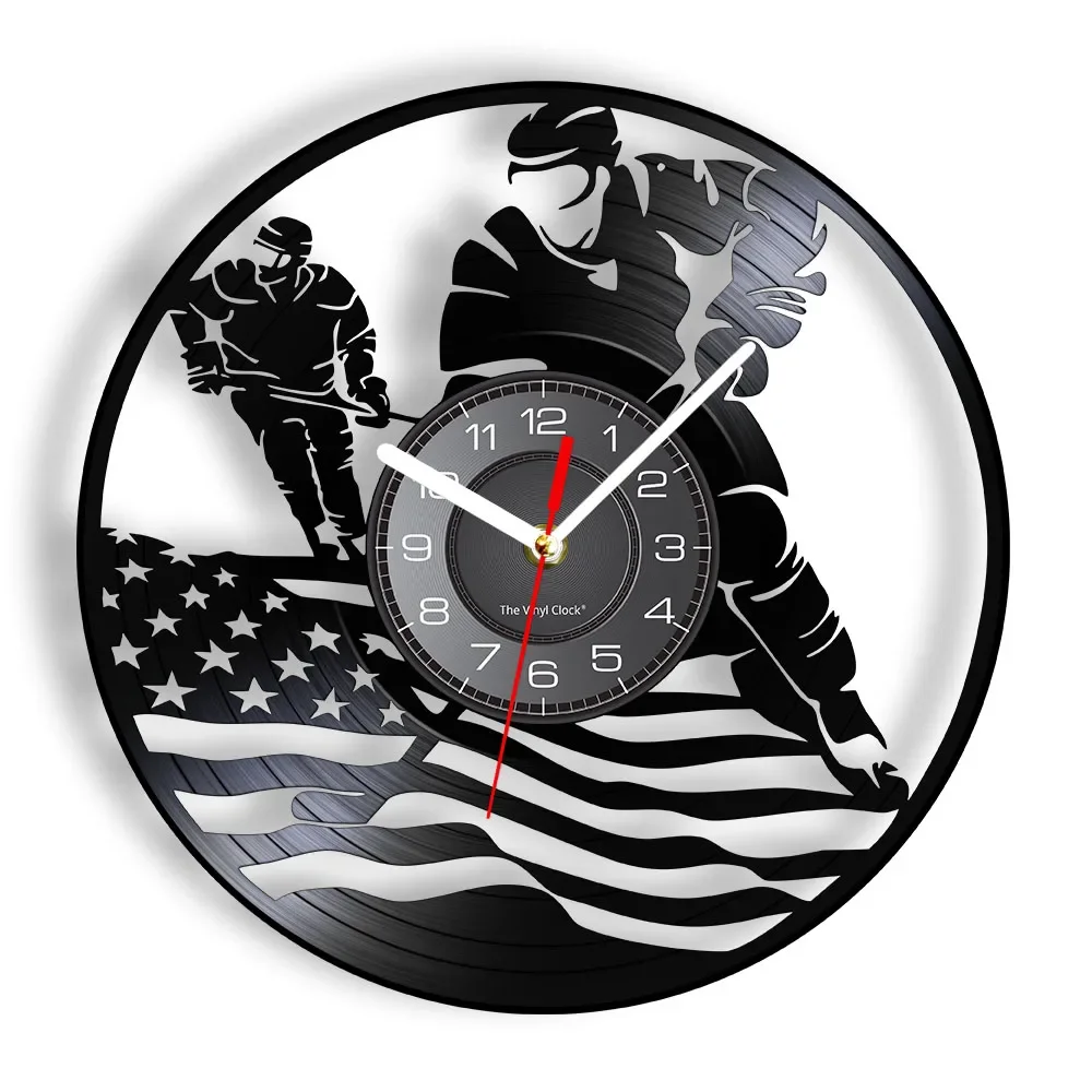 Patriotic USA Flag Hockey Wall Clock American Hockeyist Vinyl Record Wall Clock Ice Hockey Sports Contemporary Home Decor Clock