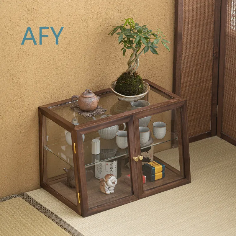 High-end Solid Wood Figure Storage Box for Tea Set Rack Purple Clay Pot Storage Cabinet Dust Display Cabinet for Living Room