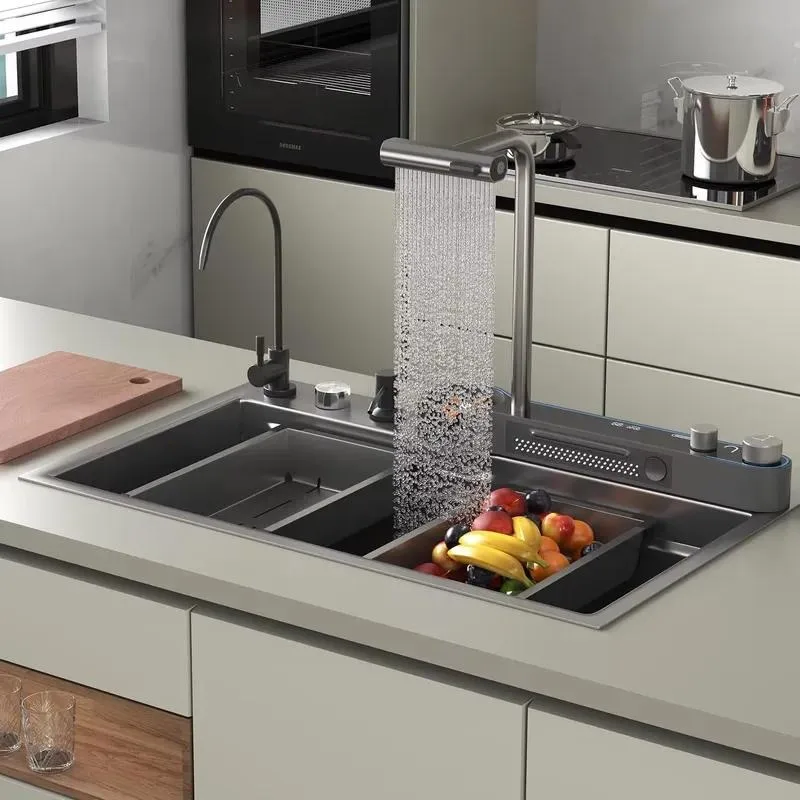 for HOMEDEC Smart Workstation Kitchen Sink Black-No. 8 Stainless Steel Bowl Digital Display Waterfall Soap Dispenser 5 Years