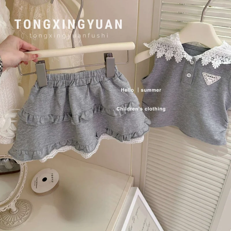 

Children's Clothing2025New Summer Girls' Sleeveless Lace Hooded Vest and Skirt Two-Piece Set