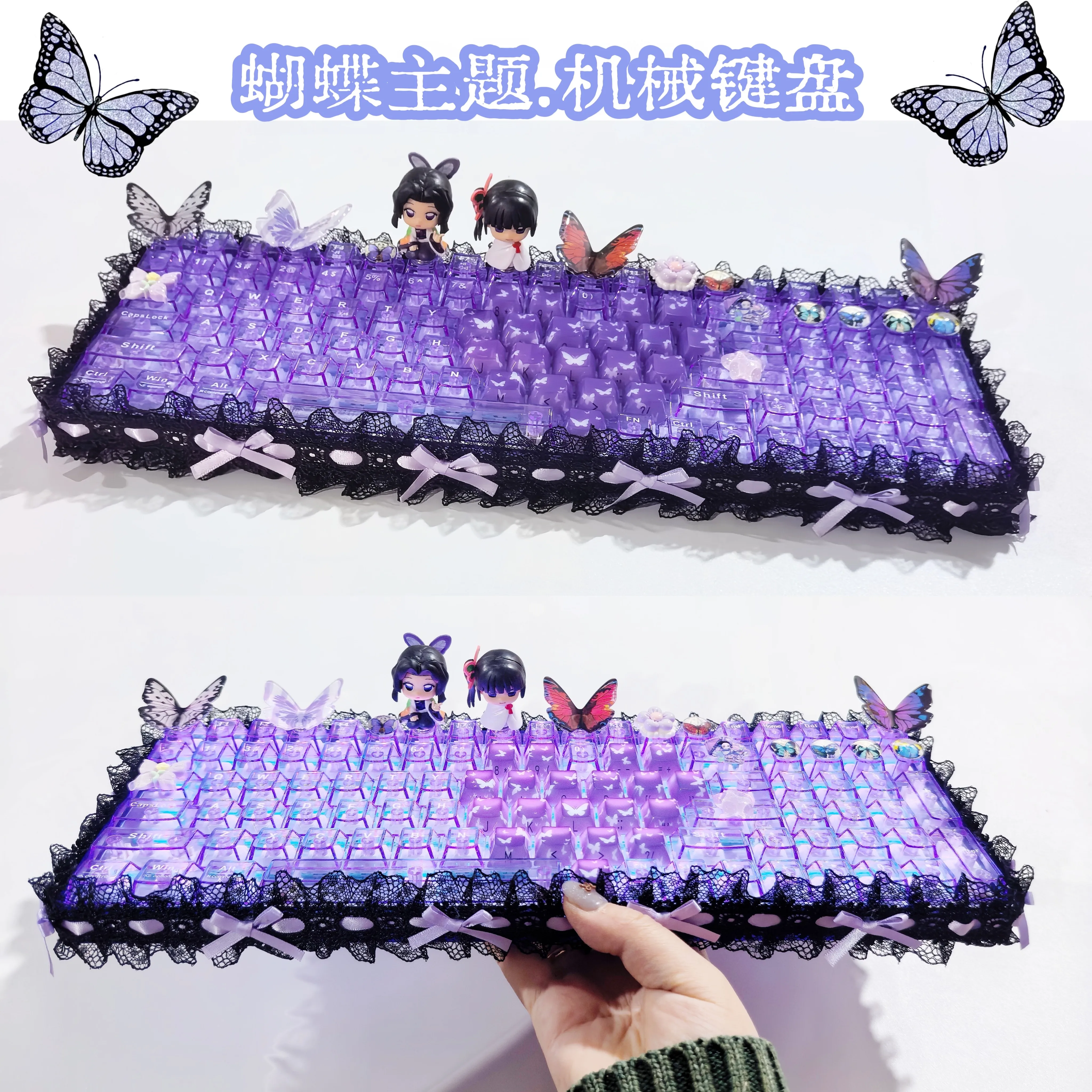 Demon Slayer Kochou Shinobu Mechanical Keyboard Tri-Mode Wireless RGB Anime Keycap Gaming Keyboard