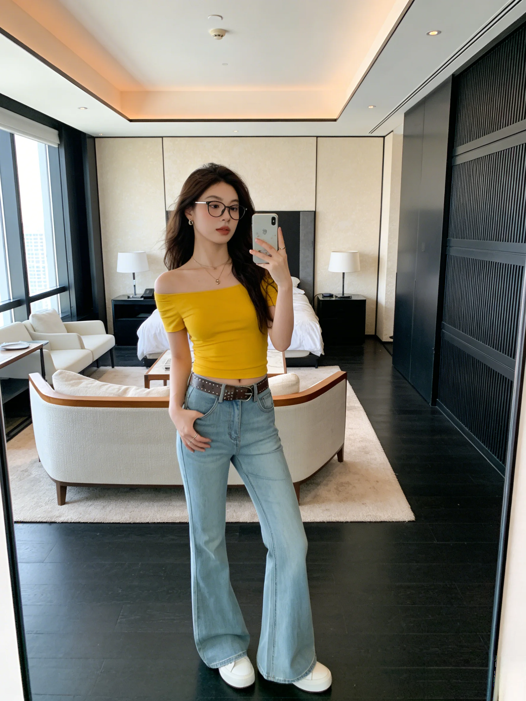 

Ретро-джинсы-клеш в американском стиле для женщин, с высокой талией, утягивающие, с поясом, длинные, в стиле ботфорт, из денима, весенняя коллекция