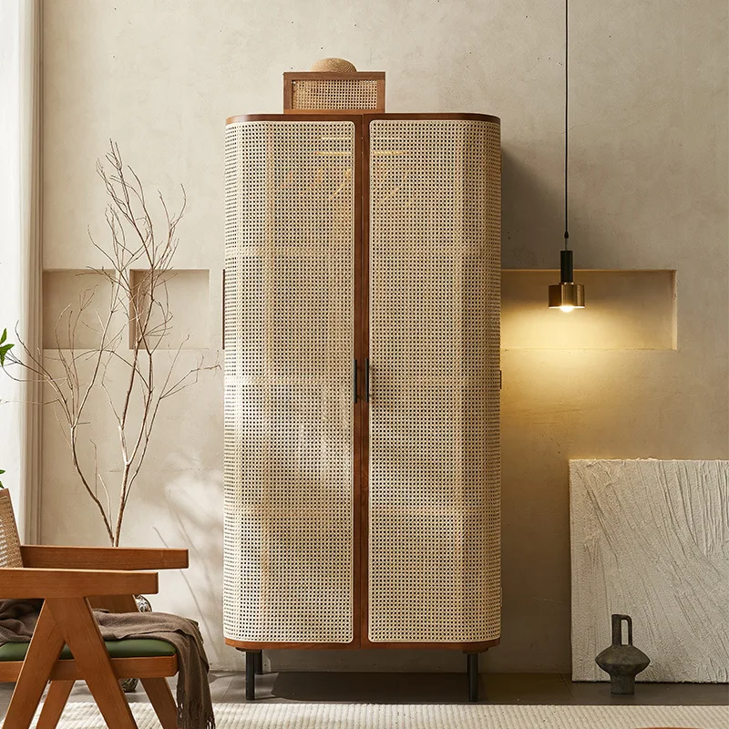 Nordic solid wood rattan wardrobe swing door small apartment bed and breakfast bedroom large wardrobe complete storage cabinet