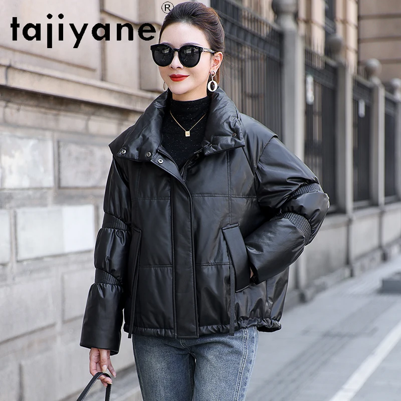 TAJIYANE 100% Rindsleder Gans Unten Mantel Stehkragen Kurze Echt Leder Puffer Jacke Frauen Winter Outer Frau Kleidung 2025