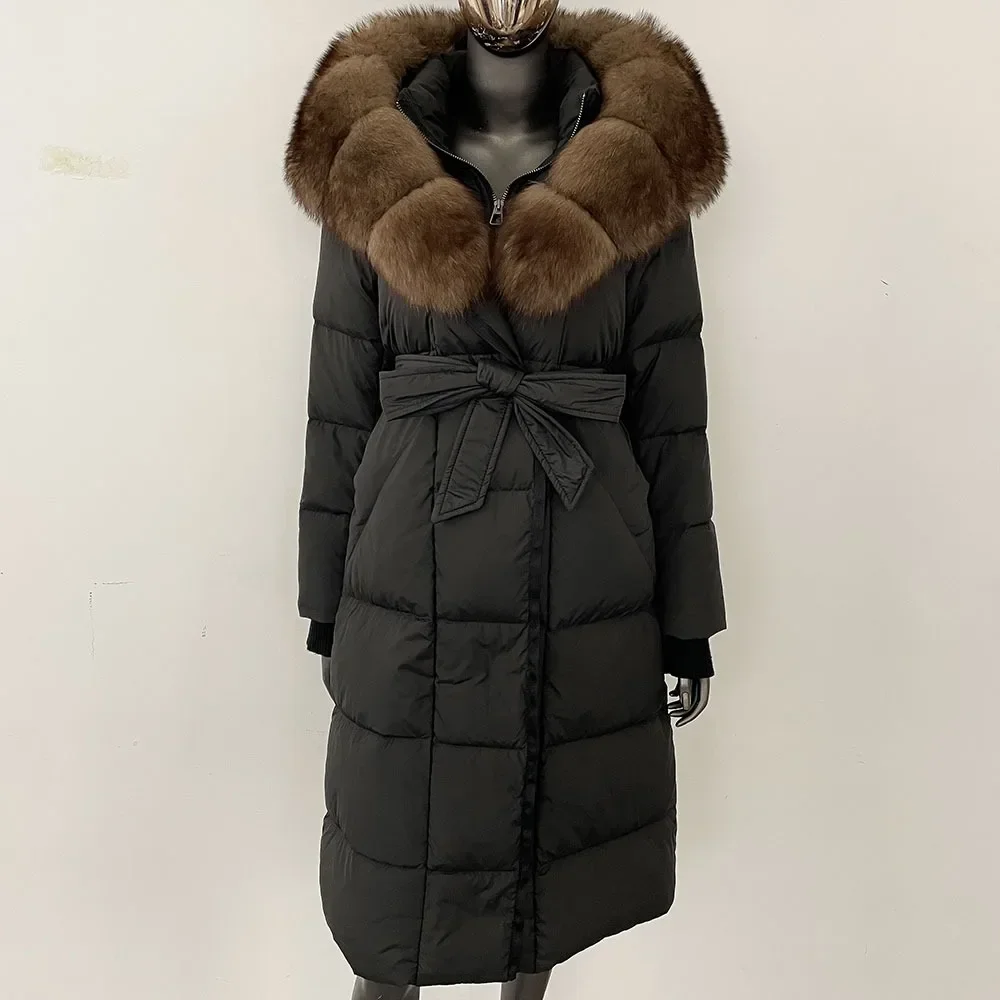 Jaket Puffer Panjang Wanita Musim Dingin Baru dengan Tudung, Jaket Bulu Angsa Putih Hangat, Mantel Bulu Rubah Asli Wanita, Mantel Bulu Alami Wanita