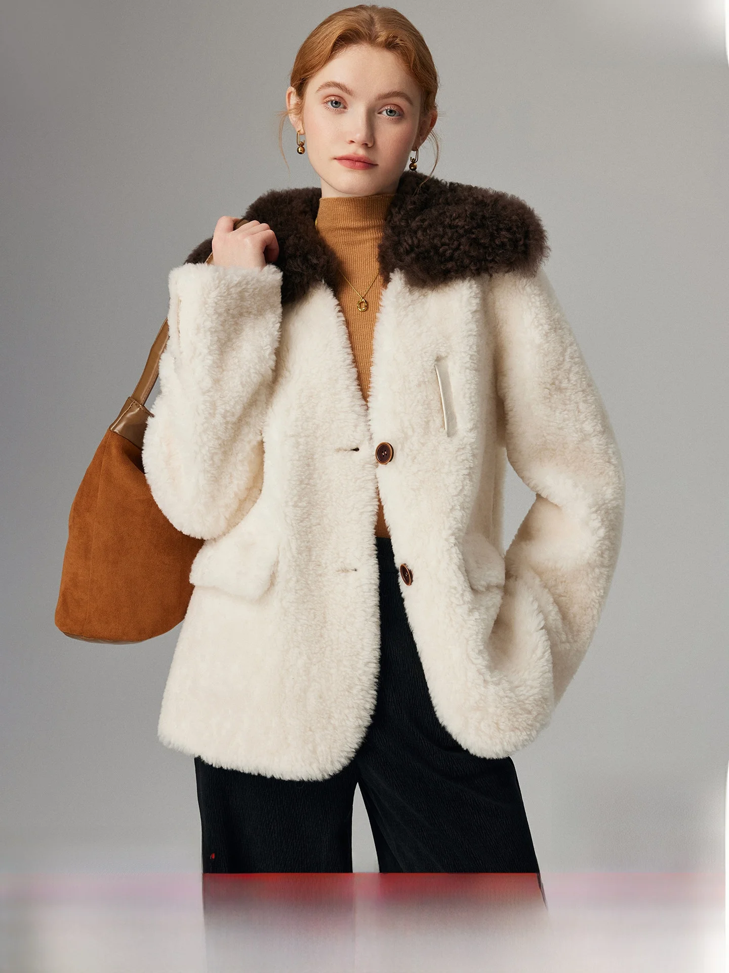 

Women's Woolen Collar Color Blo Lamb Fur Jaet Winter Thiened Outerwear Korean Sle Long Sve ket Detail Coat
