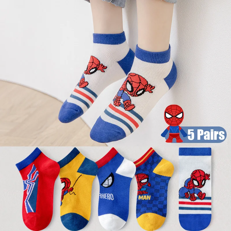 5 Pairs/Lot Cartoon Mesh Breathable Marvel Spiderman Kids Socks Cotton Summer Children‘s socks Baby boys short socks 1-12 Years