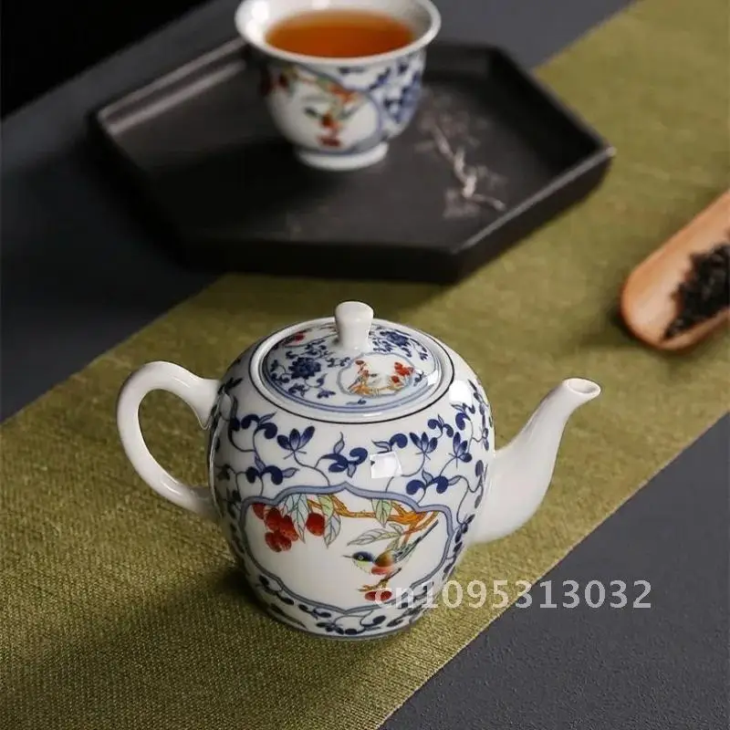 Elegant Ceramic Style Teapot, Household Chinese Teaware, Beautiful Making and Blue Tea White 310ml Drinkware, Pot, Porcelain