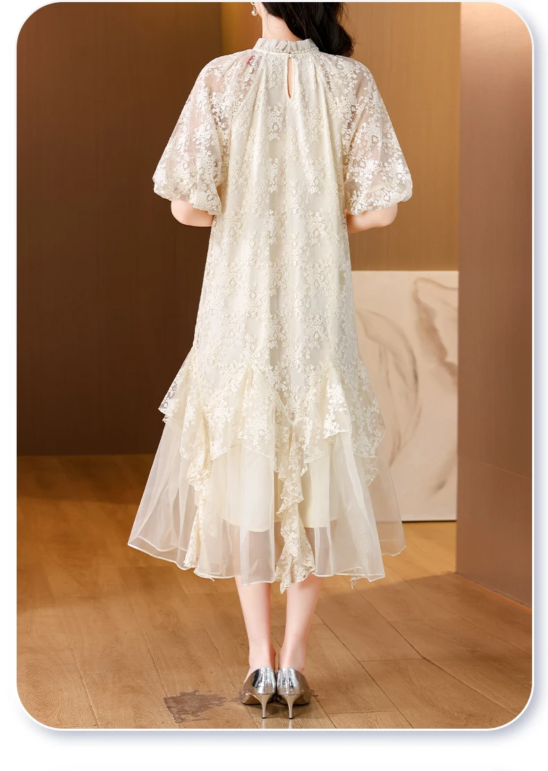 2024 Spring/Summer New Beige Round Neck Silk Mesh Embroidered Dress Bubble Sleeves Loose Size Slim Knee Length Skirt