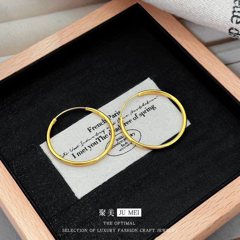 

Simple 24K real gold earrings glossy circle exaggerated jewelry 9999 personality cold wind earrings earrings