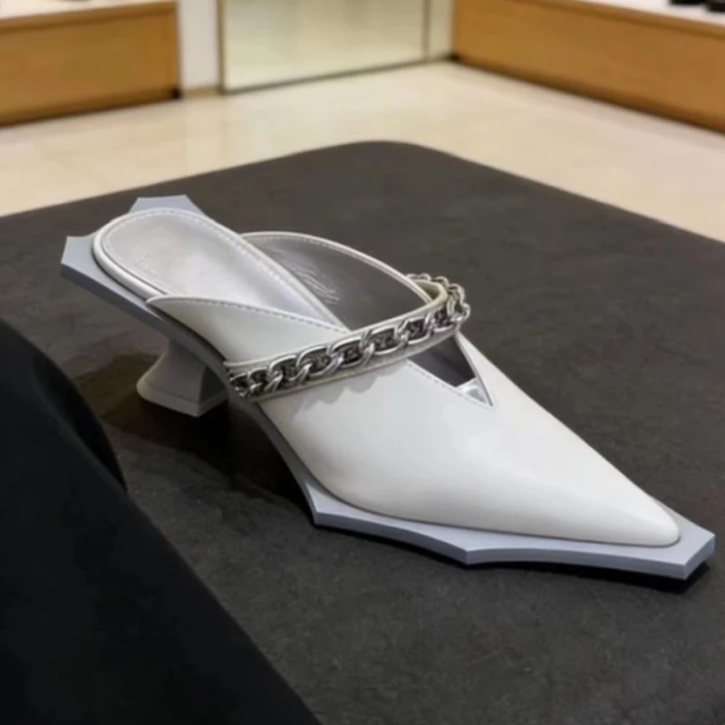 

White Pointed-Toe Chain Chunky Heels Mules Slippers Woman Summer 2026 Black Slip-On High Heel Sandals Party Dress Women's Shoes
