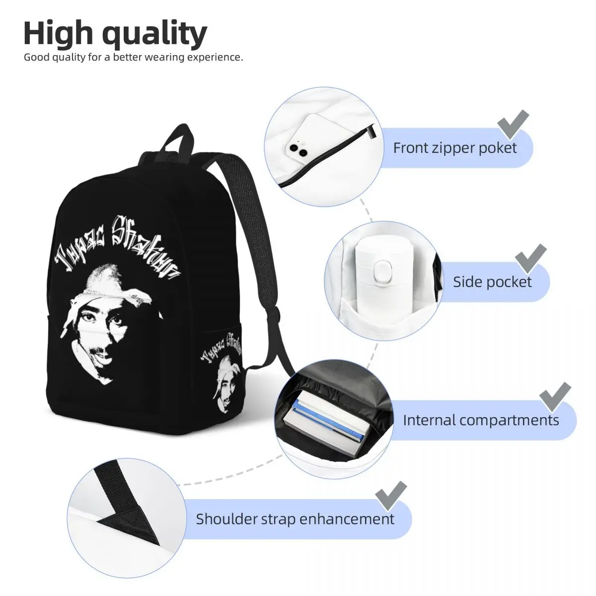 2PAC ransel mode musik Hip Hop Daypack bisnis pelajar luar ruangan untuk pria wanita tas kanvas Laptop