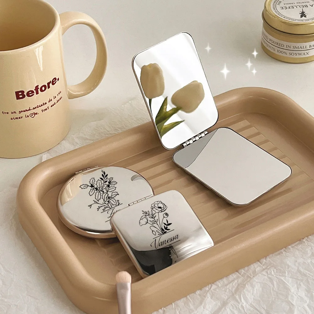 Personalisierter kleiner Spiegel mit gravierter Geburtstagsblume, Brautjungfern-Geschenk, individueller Taschen-Kosmetikspiegel, Hochzeits-Party-Geschenk