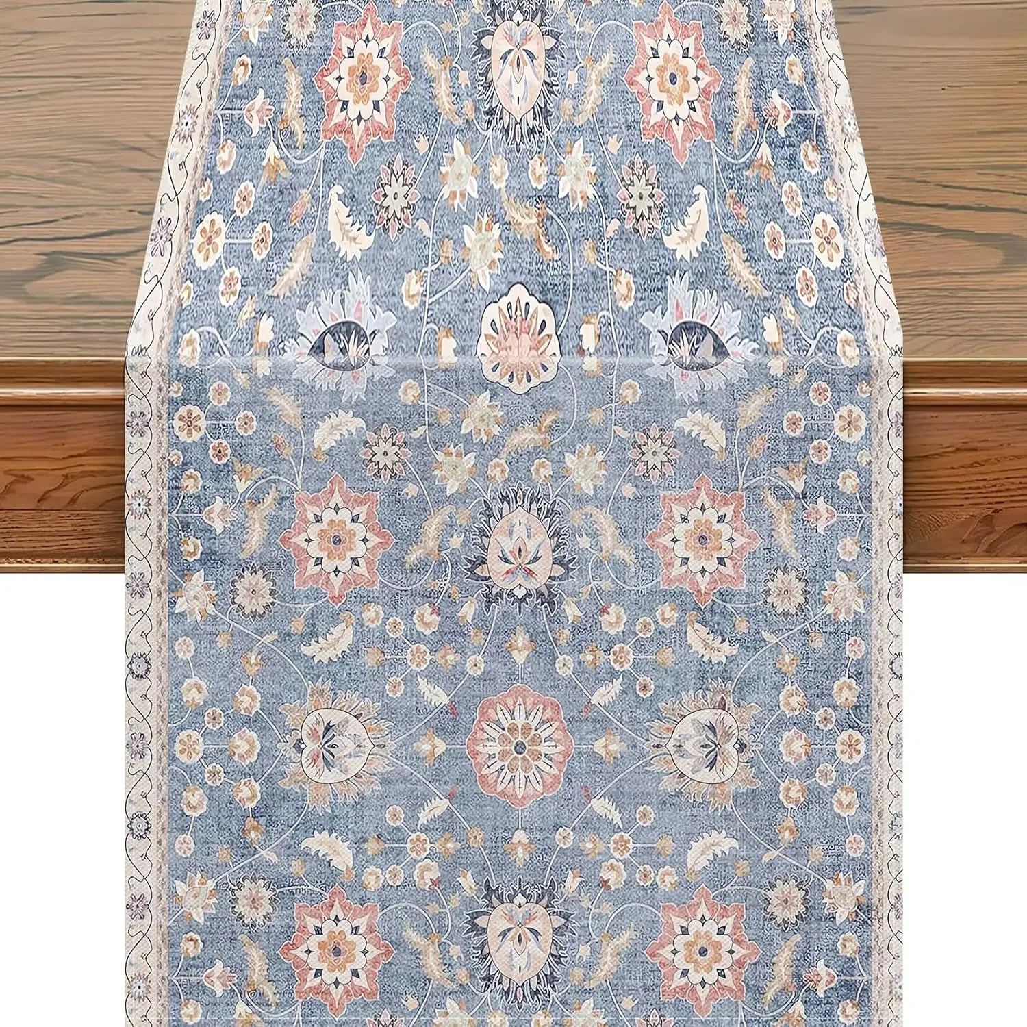 VIKAMA Tischläufer mit Vintage-Blumenmuster, Blau und Rosa, Beige, Muster, Spitzenkante, Esstischdekoration, Tischdecke für Zuhause