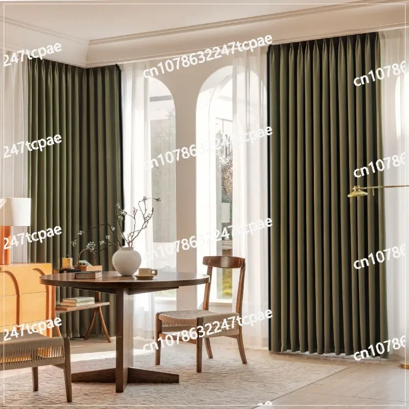 Black edge French retro curtains bedroom cotton and linen shading medium antique high-end green romantic living room